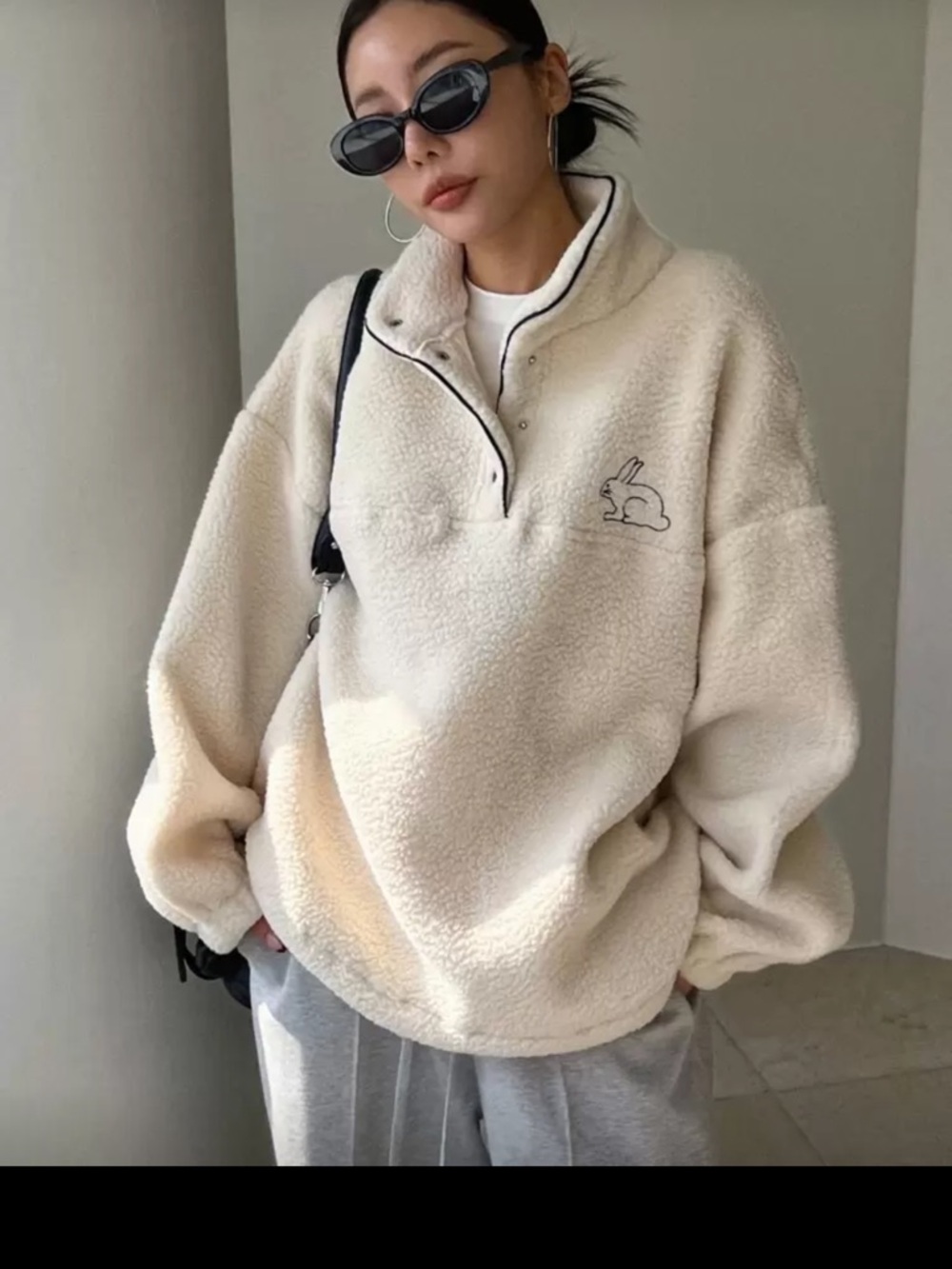 Cream Sherpa Pullover with Rabbit Embroidered Logo